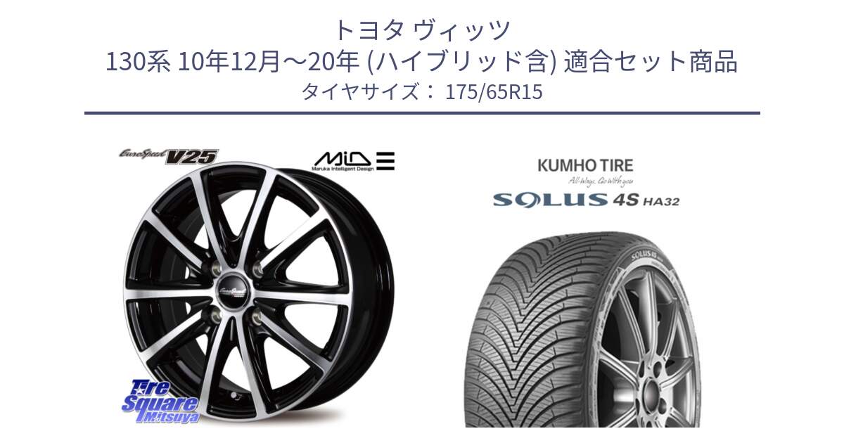 トヨタ ヴィッツ 130系 10年12月～20年 (ハイブリッド含) 用セット商品です。MID EUROSPEED V25 ホイール 15インチ と SOLUS 4S HA32 ソルウス オールシーズンタイヤ 175/65R15 の組合せ商品です。