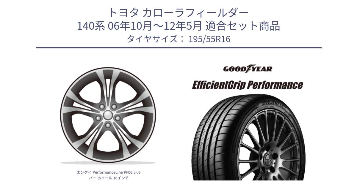 トヨタ カローラフィールダー 140系 06年10月～12年5月 用セット商品です。エンケイ PerformanceLine PF06 シルバー ホイール 16インチ と EfficientGrip Performance エフィシェントグリップ パフォーマンス XL AO1 正規品 新車装着 サマータイヤ 195/55R16 の組合せ商品です。