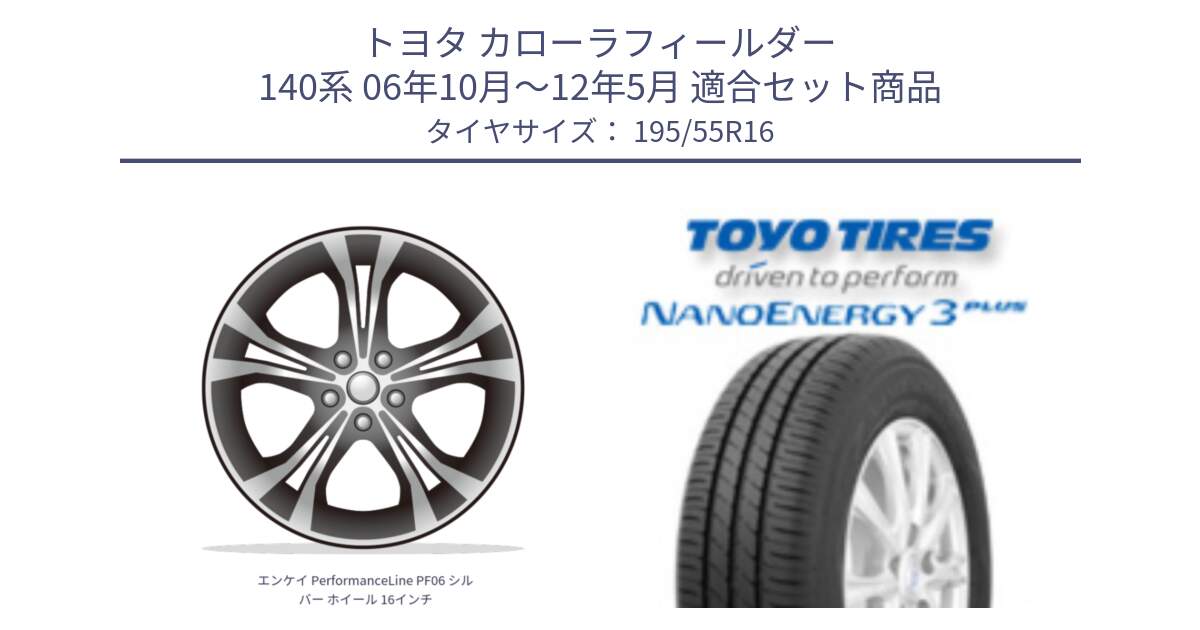 トヨタ カローラフィールダー 140系 06年10月～12年5月 用セット商品です。エンケイ PerformanceLine PF06 シルバー ホイール 16インチ と トーヨー ナノエナジー3プラス サマータイヤ 195/55R16 の組合せ商品です。