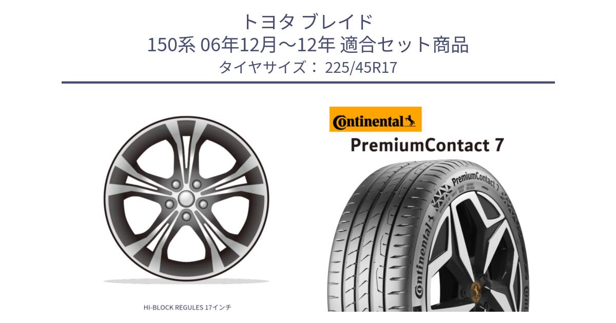 トヨタ ブレイド 150系 06年12月～12年 用セット商品です。HI-BLOCK REGULES 17インチ と 23年製 XL PremiumContact 7 EV PC7 並行 225/45R17 の組合せ商品です。