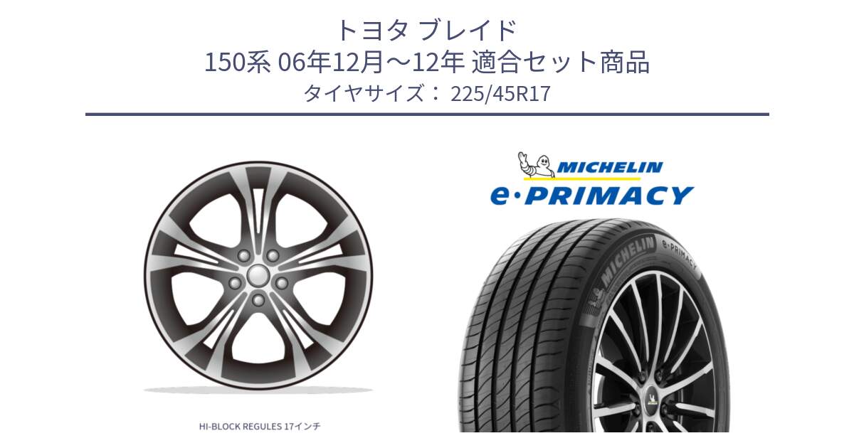 トヨタ ブレイド 150系 06年12月～12年 用セット商品です。HI-BLOCK REGULES 17インチ と e PRIMACY Eプライマシー 94W XL 正規 225/45R17 の組合せ商品です。