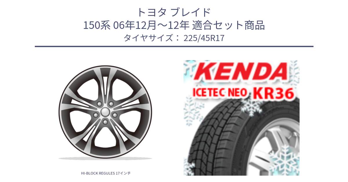 トヨタ ブレイド 150系 06年12月～12年 用セット商品です。HI-BLOCK REGULES 17インチ と ケンダ KR36 ICETEC NEO アイステックネオ 2023年製 スタッドレスタイヤ 225/45R17 の組合せ商品です。