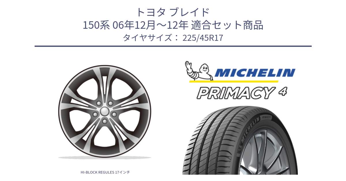 トヨタ ブレイド 150系 06年12月～12年 用セット商品です。HI-BLOCK REGULES 17インチ と PRIMACY4 プライマシー4 91W VOL 正規 225/45R17 の組合せ商品です。