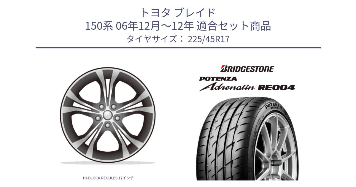 トヨタ ブレイド 150系 06年12月～12年 用セット商品です。HI-BLOCK REGULES 17インチ と ポテンザ アドレナリン RE004 【国内正規品】サマータイヤ 225/45R17 の組合せ商品です。