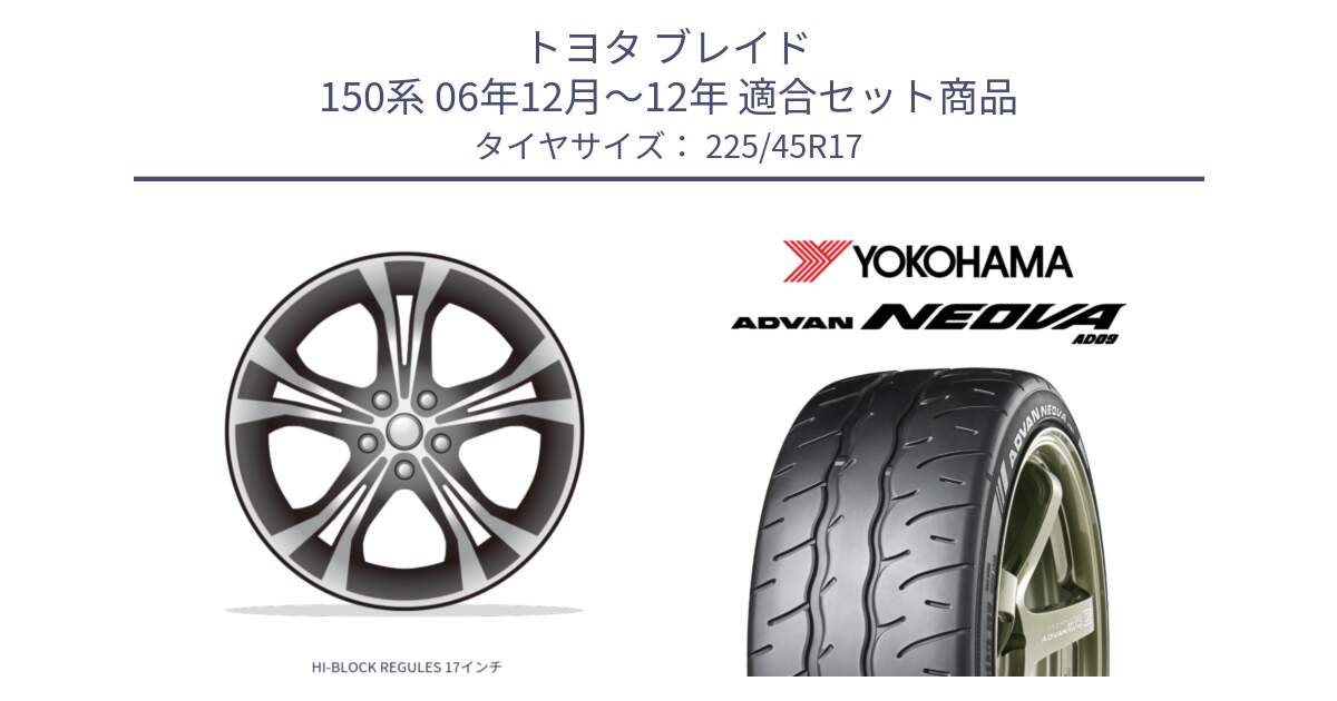 トヨタ ブレイド 150系 06年12月～12年 用セット商品です。HI-BLOCK REGULES 17インチ と R7880 ヨコハマ ADVAN NEOVA AD09 ネオバ 225/45R17 の組合せ商品です。