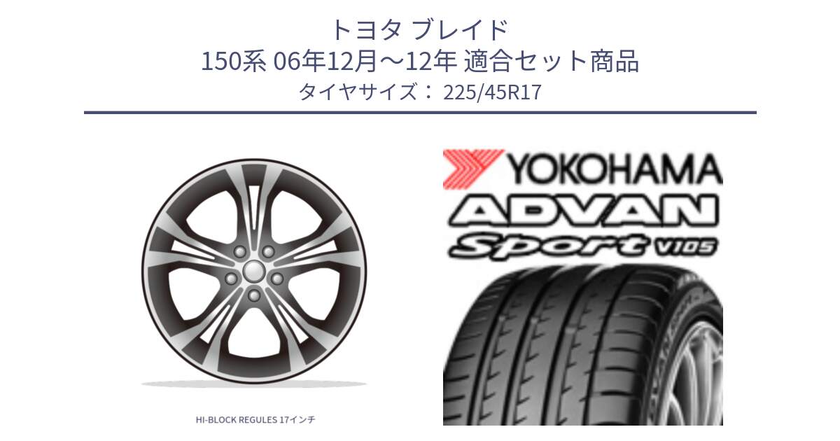 トヨタ ブレイド 150系 06年12月～12年 用セット商品です。HI-BLOCK REGULES 17インチ と F4769 ヨコハマ ADVAN Sport V105 MO 225/45R17 の組合せ商品です。