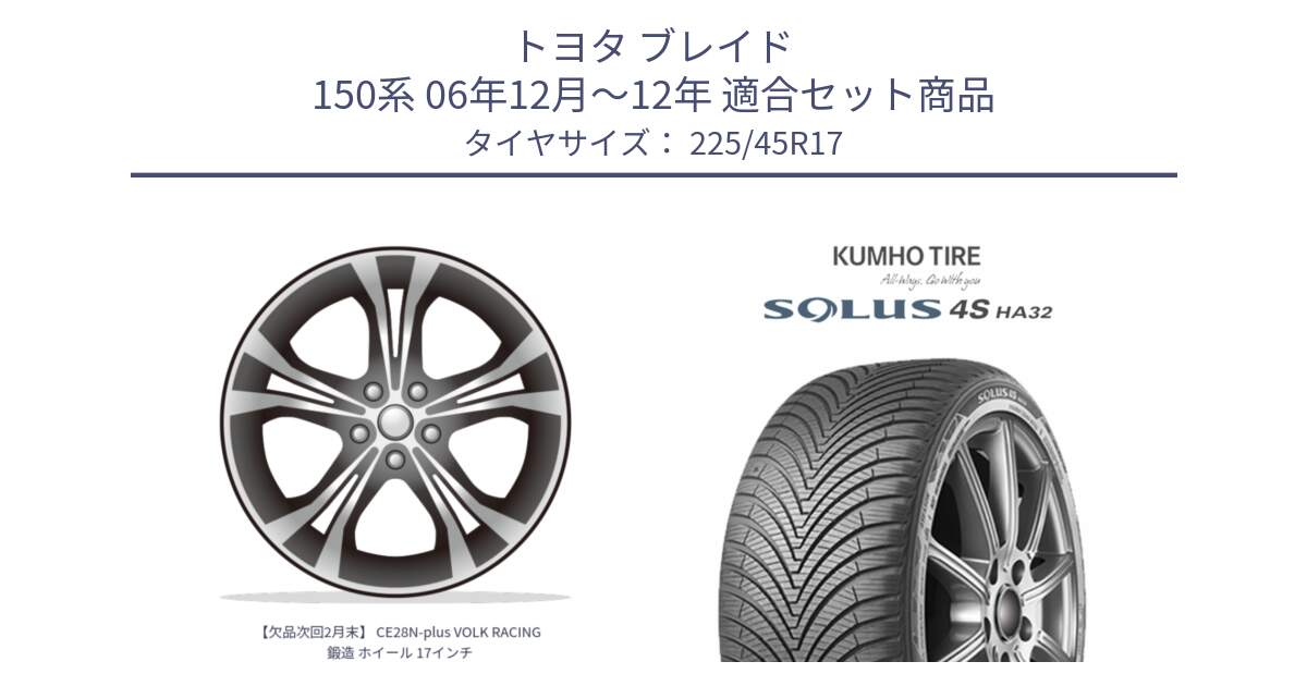 トヨタ ブレイド 150系 06年12月～12年 用セット商品です。【欠品次回2月末】 CE28N-plus VOLK RACING 鍛造 ホイール 17インチ と SOLUS 4S HA32 ソルウス オールシーズンタイヤ 225/45R17 の組合せ商品です。