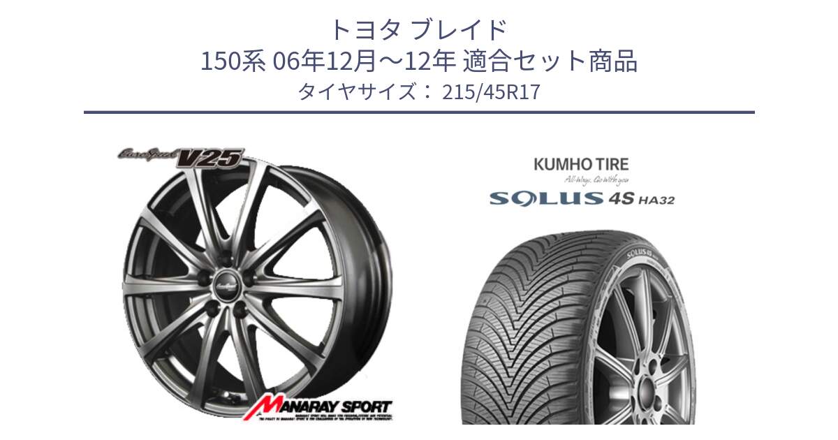 トヨタ ブレイド 150系 06年12月～12年 用セット商品です。MID EuroSpeed ユーロスピード V25 平座仕様(トヨタ車専用)   17インチ と SOLUS 4S HA32 ソルウス オールシーズンタイヤ 215/45R17 の組合せ商品です。