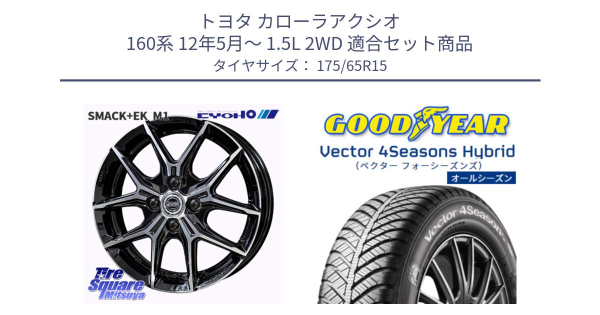 トヨタ カローラアクシオ 160系 12年5月～ 1.5L 2WD 用セット商品です。SMACK +EK M1 ホイール 15インチ と ベクター Vector 4Seasons Hybrid オールシーズンタイヤ 175/65R15 の組合せ商品です。