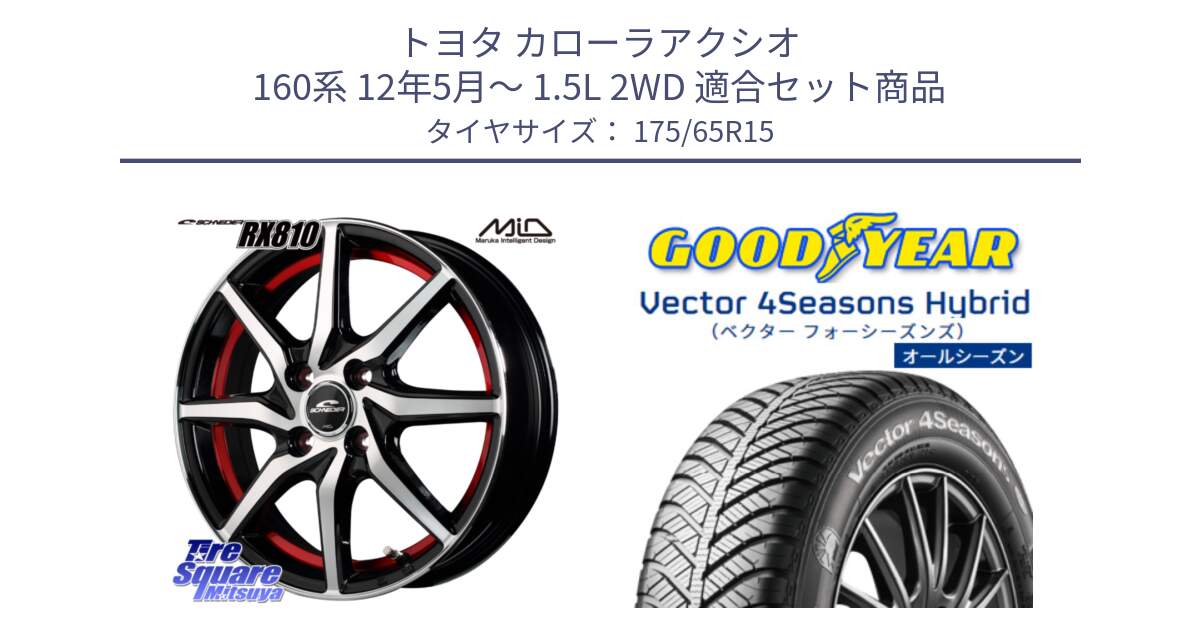 トヨタ カローラアクシオ 160系 12年5月～ 1.5L 2WD 用セット商品です。MID SCHNEIDER RX810 レッド ホイール 15インチ と ベクター Vector 4Seasons Hybrid オールシーズンタイヤ 175/65R15 の組合せ商品です。