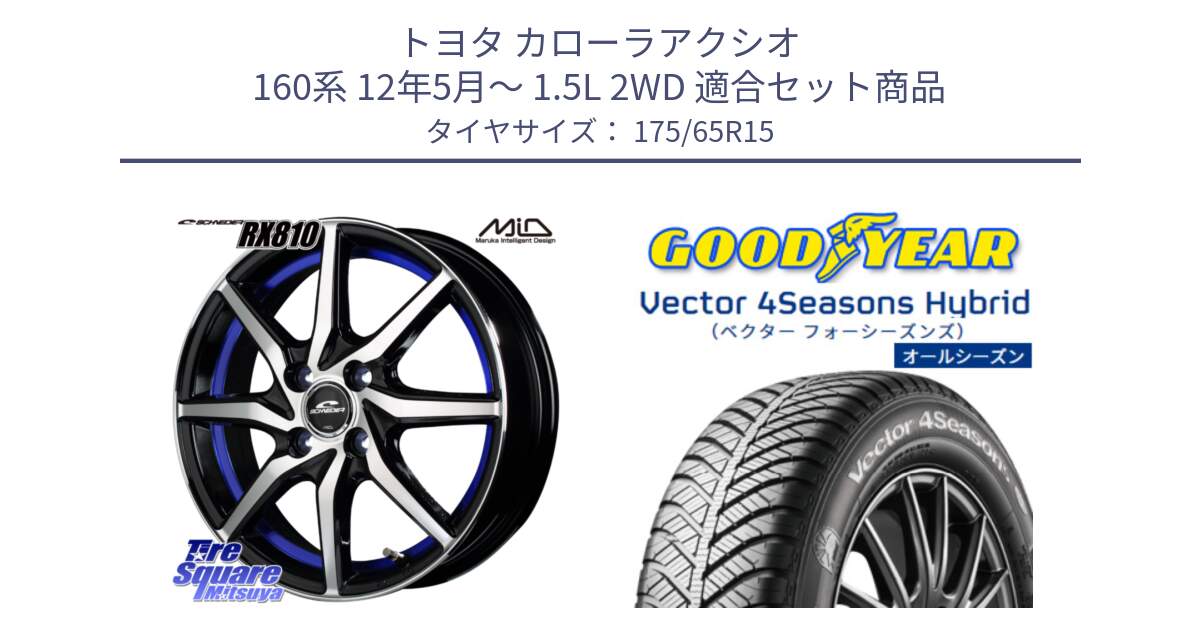 トヨタ カローラアクシオ 160系 12年5月～ 1.5L 2WD 用セット商品です。MID SCHNEIDER RX810 ブルー ホイール 15インチ と ベクター Vector 4Seasons Hybrid オールシーズンタイヤ 175/65R15 の組合せ商品です。