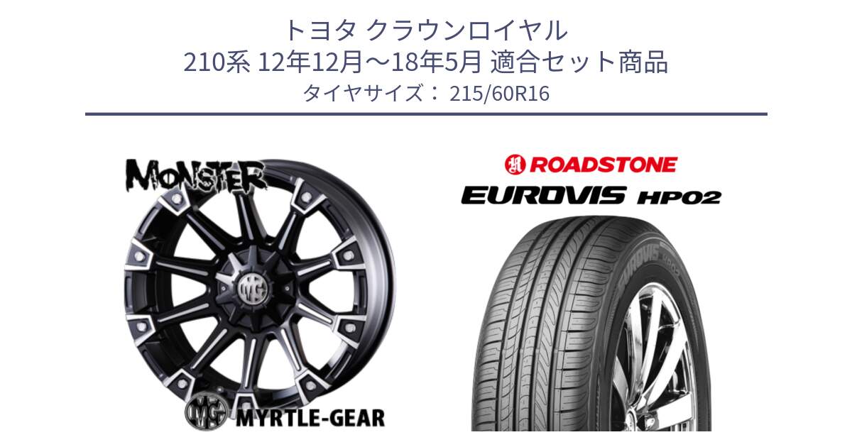 トヨタ クラウンロイヤル 210系 12年12月～18年5月 用セット商品です。クリムソン MONSTER モンスター ホイール 16インチ と ロードストーン EUROVIS HP02 サマータイヤ 215/60R16 の組合せ商品です。