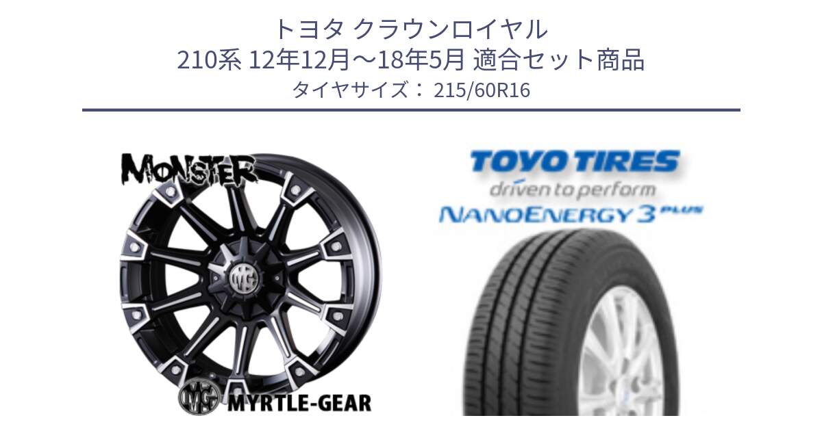 トヨタ クラウンロイヤル 210系 12年12月～18年5月 用セット商品です。クリムソン MONSTER モンスター ホイール 16インチ と トーヨー ナノエナジー3プラス サマータイヤ 215/60R16 の組合せ商品です。