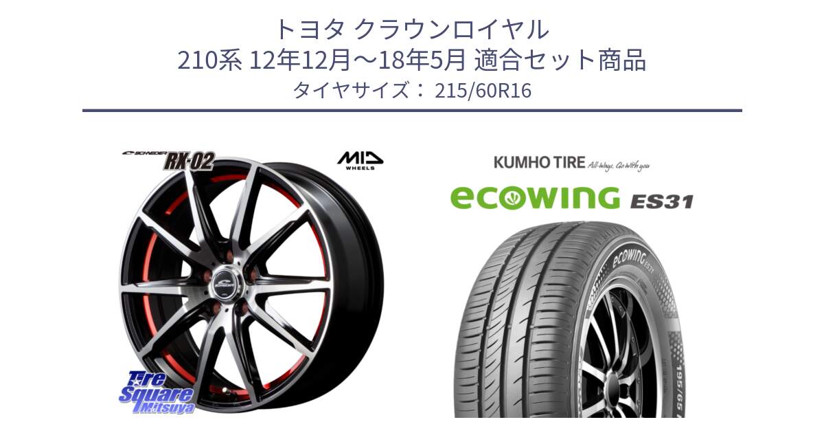 トヨタ クラウンロイヤル 210系 12年12月～18年5月 用セット商品です。MID SCHNEIDER シュナイダー RX02 RED 16インチ と ecoWING ES31 エコウィング サマータイヤ 215/60R16 の組合せ商品です。