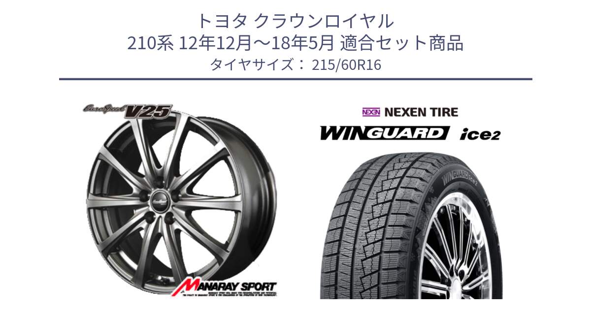 トヨタ クラウンロイヤル 210系 12年12月～18年5月 用セット商品です。MID EuroSpeed ユーロスピード V25 平座仕様(トヨタ車専用)  15インチ と ネクセン WINGUARD ice2 ウィンガードアイス 2024年製 スタッドレスタイヤ 215/60R16 の組合せ商品です。