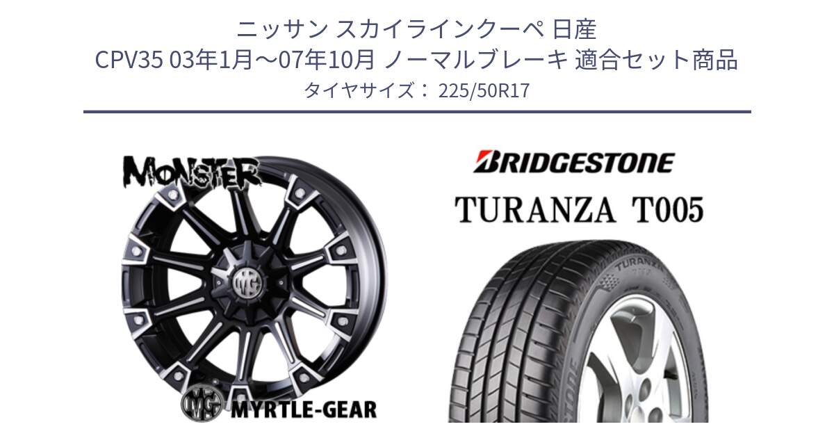 ニッサン スカイラインクーペ 日産 CPV35 03年1月～07年10月 ノーマルブレーキ 用セット商品です。クリムソン MONSTER モンスター ホイール 17インチ と 23年製 AO TURANZA T005 アウディ承認 並行 225/50R17 の組合せ商品です。