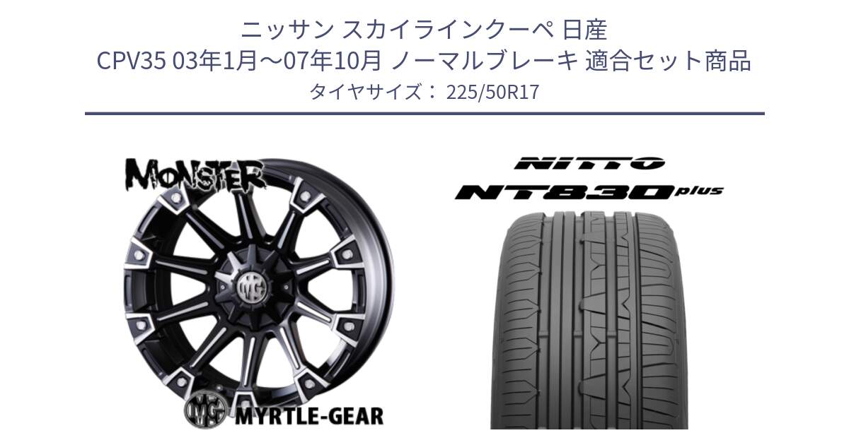 ニッサン スカイラインクーペ 日産 CPV35 03年1月～07年10月 ノーマルブレーキ 用セット商品です。クリムソン MONSTER モンスター ホイール 17インチ と ニットー NT830 plus サマータイヤ 225/50R17 の組合せ商品です。