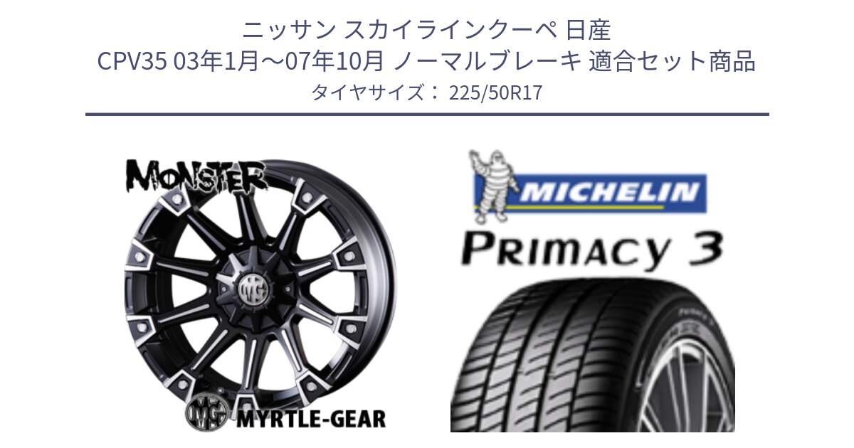 ニッサン スカイラインクーペ 日産 CPV35 03年1月～07年10月 ノーマルブレーキ 用セット商品です。クリムソン MONSTER モンスター ホイール 17インチ と アウトレット● PRIMACY3 プライマシー3 94Y AO DT1 正規 225/50R17 の組合せ商品です。