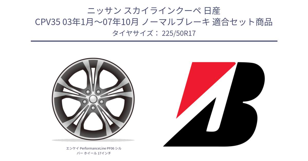 ニッサン スカイラインクーペ 日産 CPV35 03年1月～07年10月 ノーマルブレーキ 用セット商品です。エンケイ PerformanceLine PF06 シルバー ホイール 17インチ と 23年製 XL TURANZA 6 ENLITEN 並行 225/50R17 の組合せ商品です。