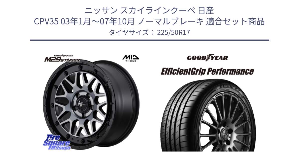 ニッサン スカイラインクーペ 日産 CPV35 03年1月～07年10月 ノーマルブレーキ 用セット商品です。NITRO POWER ナイトロパワー M29 STINGER スティンガー ホイール 17インチ と EfficientGrip Performance エフィシェントグリップ パフォーマンス MO 正規品 新車装着 サマータイヤ 225/50R17 の組合せ商品です。