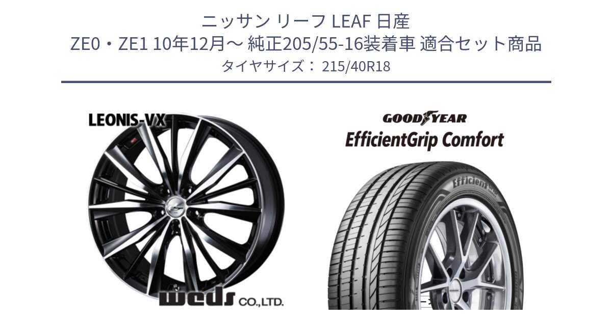 ニッサン リーフ LEAF 日産 ZE0・ZE1 10年12月～ 純正205/55-16装着車 用セット商品です。33280 レオニス VX ウェッズ Leonis BKMC ホイール 18インチ と EffcientGrip Comfort サマータイヤ 215/40R18 の組合せ商品です。