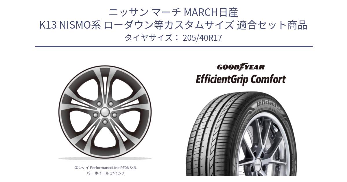 ニッサン マーチ MARCH日産 K13 NISMO系 ローダウン等カスタムサイズ 用セット商品です。エンケイ PerformanceLine PF06 シルバー ホイール 17インチ と EffcientGrip Comfort サマータイヤ 205/40R17 の組合せ商品です。