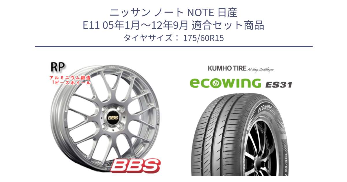 ニッサン ノート NOTE 日産 E11 05年1月～12年9月 用セット商品です。RP 鍛造1ピース ホイール 15インチ と ecoWING ES31 エコウィング サマータイヤ 175/60R15 の組合せ商品です。