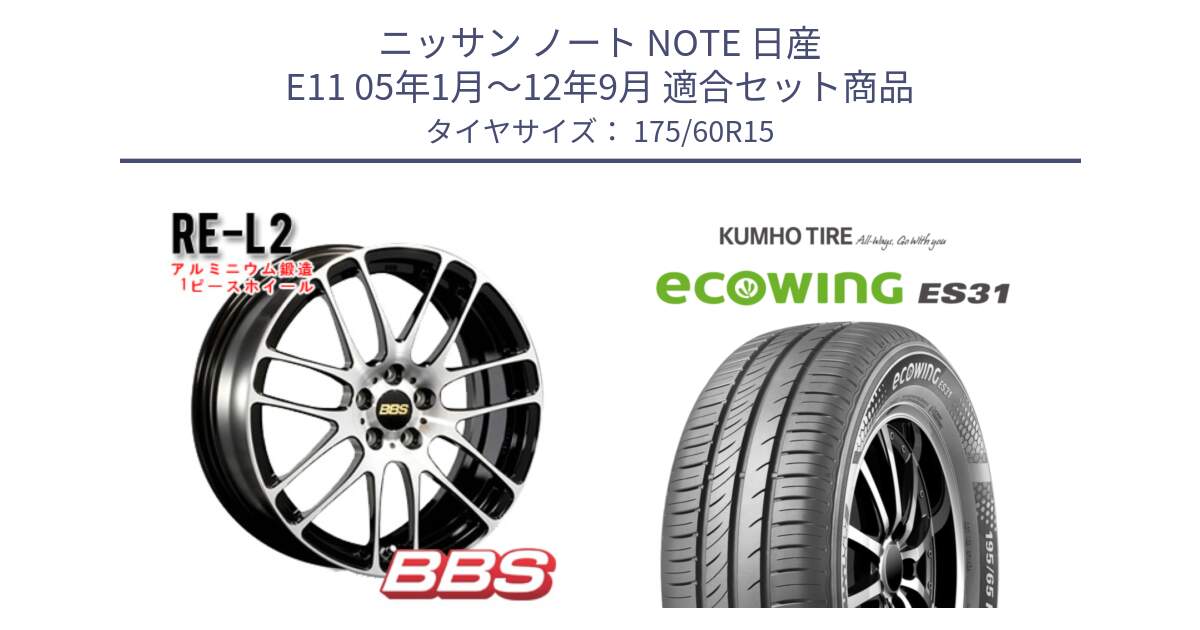 ニッサン ノート NOTE 日産 E11 05年1月～12年9月 用セット商品です。RE-L2 鍛造1ピース ホイール 15インチ と ecoWING ES31 エコウィング サマータイヤ 175/60R15 の組合せ商品です。