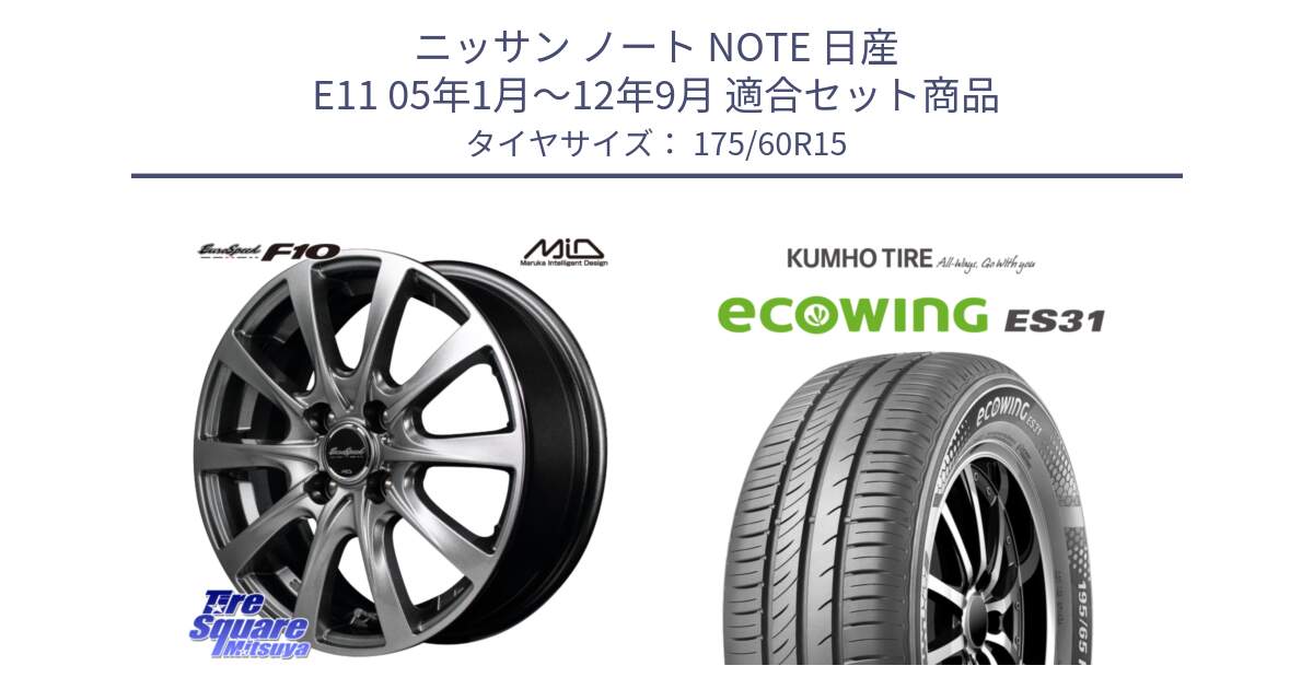 ニッサン ノート NOTE 日産 E11 05年1月～12年9月 用セット商品です。MID EuroSpeed F10 ホイール 4本 15インチ と ecoWING ES31 エコウィング サマータイヤ 175/60R15 の組合せ商品です。