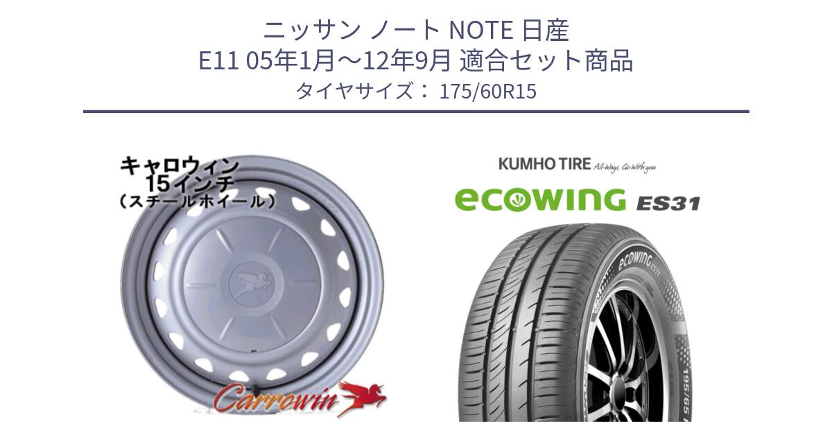 ニッサン ノート NOTE 日産 E11 05年1月～12年9月 用セット商品です。キャロウィン PS-554N スチールホイール  15インチ と ecoWING ES31 エコウィング サマータイヤ 175/60R15 の組合せ商品です。