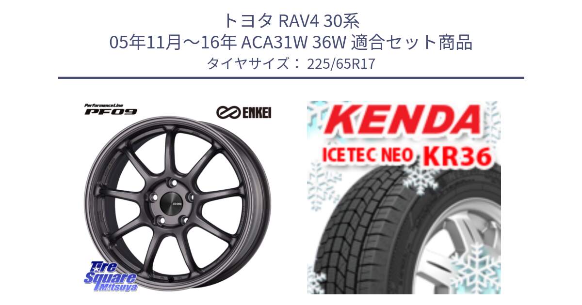 トヨタ RAV4 30系 05年11月～16年 ACA31W 36W 用セット商品です。ENKEI エンケイ PerformanceLine PF09 ホイール 4本 17インチ と ケンダ KR36 ICETEC NEO アイステックネオ 2024年製 スタッドレスタイヤ 225/65R17 の組合せ商品です。