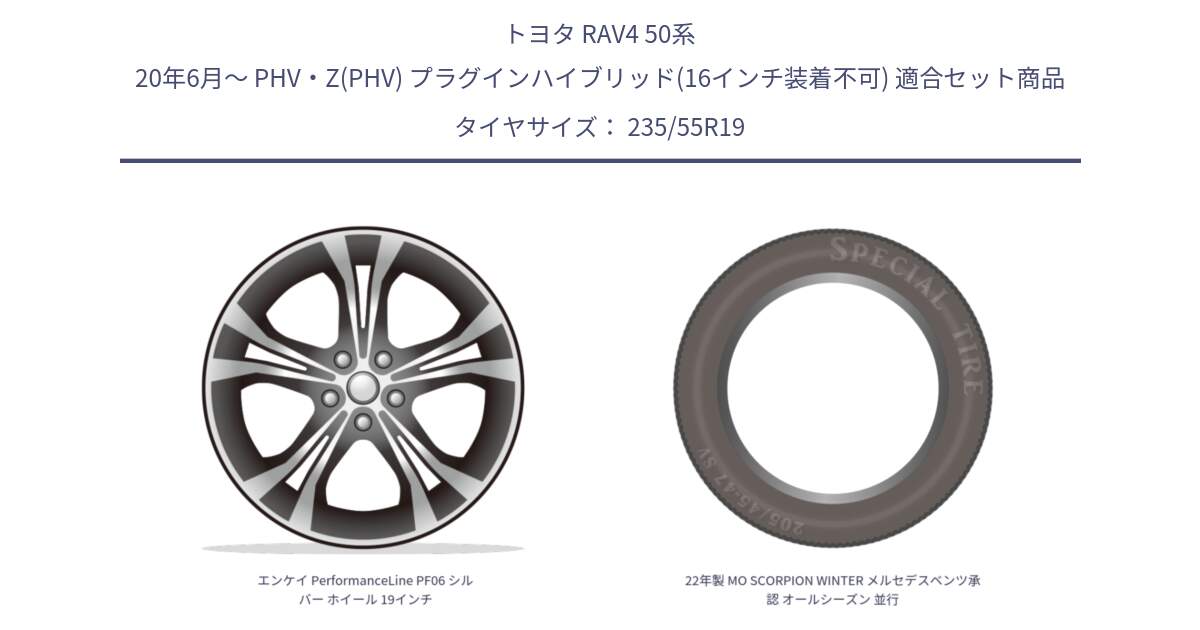 トヨタ RAV4 50系 20年6月～ PHV・Z(PHV) プラグインハイブリッド(16インチ装着不可) 用セット商品です。エンケイ PerformanceLine PF06 シルバー ホイール 19インチ と 22年製 MO SCORPION WINTER メルセデスベンツ承認 オールシーズン 並行 235/55R19 の組合せ商品です。