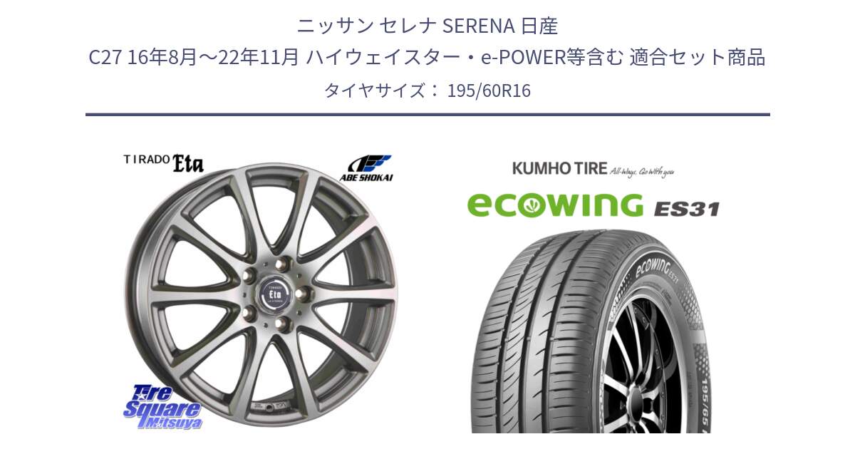 ニッサン セレナ SERENA 日産 C27 16年8月～22年11月 ハイウェイスター・e-POWER等含む 用セット商品です。ティラード イータ と ecoWING ES31 エコウィング サマータイヤ 195/60R16 の組合せ商品です。