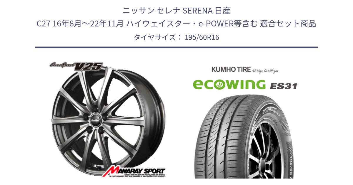 ニッサン セレナ SERENA 日産 C27 16年8月～22年11月 ハイウェイスター・e-POWER等含む 用セット商品です。MID EuroSpeed ユーロスピード V25 ホイール 16インチ と ecoWING ES31 エコウィング サマータイヤ 195/60R16 の組合せ商品です。