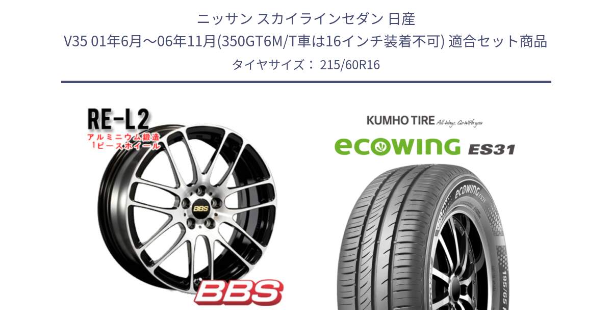 ニッサン スカイラインセダン 日産 V35 01年6月～06年11月(350GT6M/T車は16インチ装着不可) 用セット商品です。RE-L2 鍛造1ピース ホイール 16インチ と ecoWING ES31 エコウィング サマータイヤ 215/60R16 の組合せ商品です。