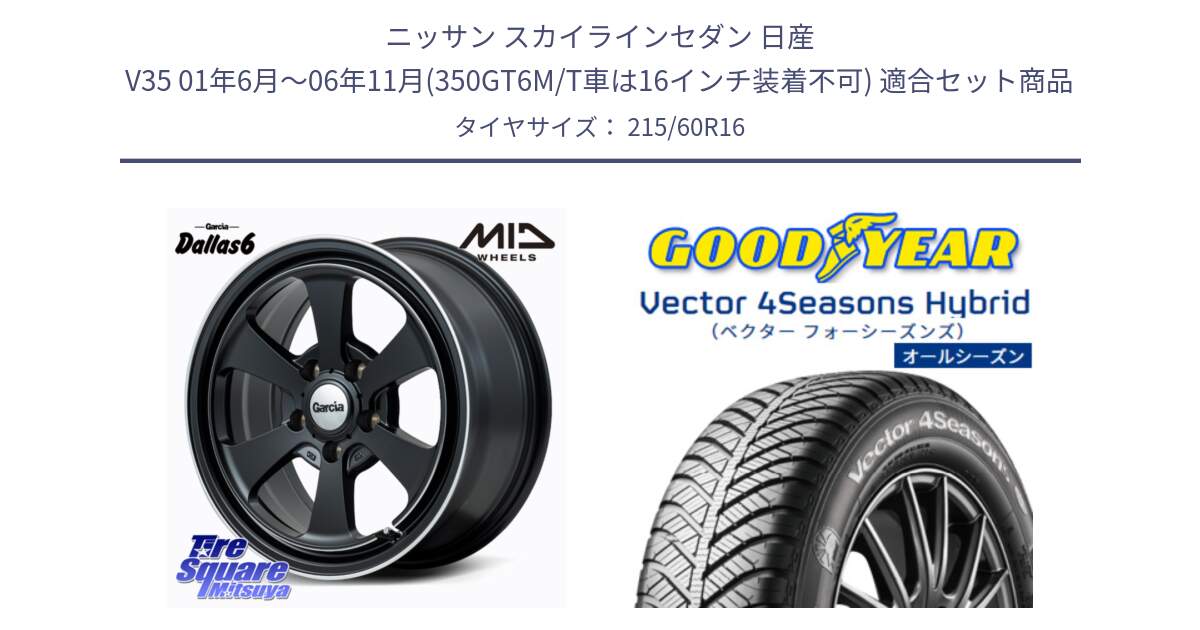 ニッサン スカイラインセダン 日産 V35 01年6月～06年11月(350GT6M/T車は16インチ装着不可) 用セット商品です。MID Garcia Dallas6 ホイール 16インチ と ベクター Vector 4Seasons Hybrid オールシーズンタイヤ 215/60R16 の組合せ商品です。