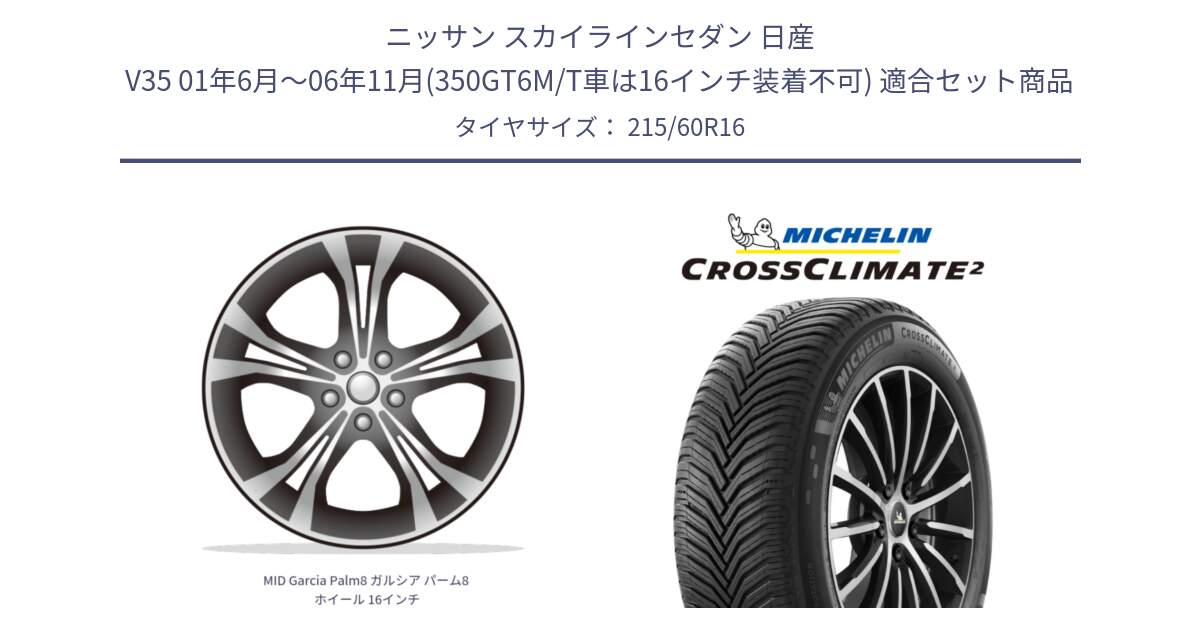 ニッサン スカイラインセダン 日産 V35 01年6月～06年11月(350GT6M/T車は16インチ装着不可) 用セット商品です。MID Garcia Palm8 ガルシア パーム8 ホイール 16インチ と CROSSCLIMATE2 クロスクライメイト2 オールシーズンタイヤ 99V XL 正規 215/60R16 の組合せ商品です。