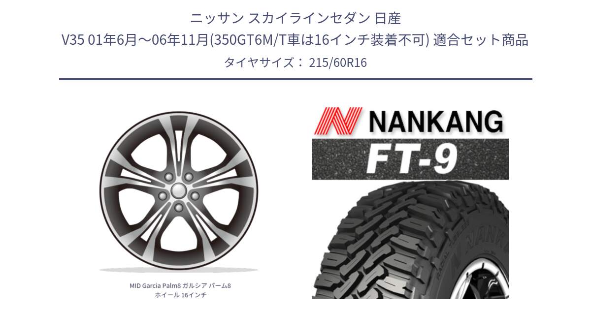 ニッサン スカイラインセダン 日産 V35 01年6月～06年11月(350GT6M/T車は16インチ装着不可) 用セット商品です。MID Garcia Palm8 ガルシア パーム8 ホイール 16インチ と ROLLNEX FT-9 ホワイトレター サマータイヤ 215/60R16 の組合せ商品です。