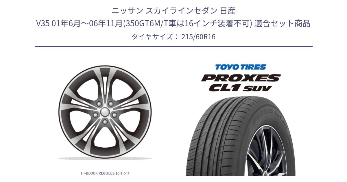 ニッサン スカイラインセダン 日産 V35 01年6月～06年11月(350GT6M/T車は16インチ装着不可) 用セット商品です。HI-BLOCK REGULES 16インチ と トーヨー プロクセス CL1 SUV PROXES サマータイヤ 215/60R16 の組合せ商品です。