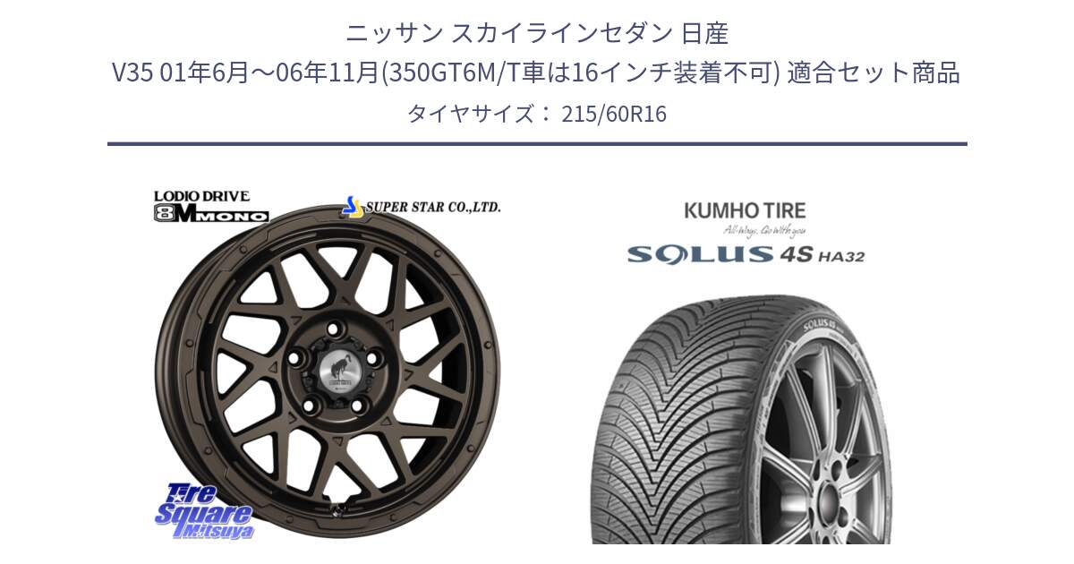 ニッサン スカイラインセダン 日産 V35 01年6月～06年11月(350GT6M/T車は16インチ装着不可) 用セット商品です。LODIO DRIVE ロディオドライブ 8M MONO モノ と SOLUS 4S HA32 ソルウス オールシーズンタイヤ 215/60R16 の組合せ商品です。