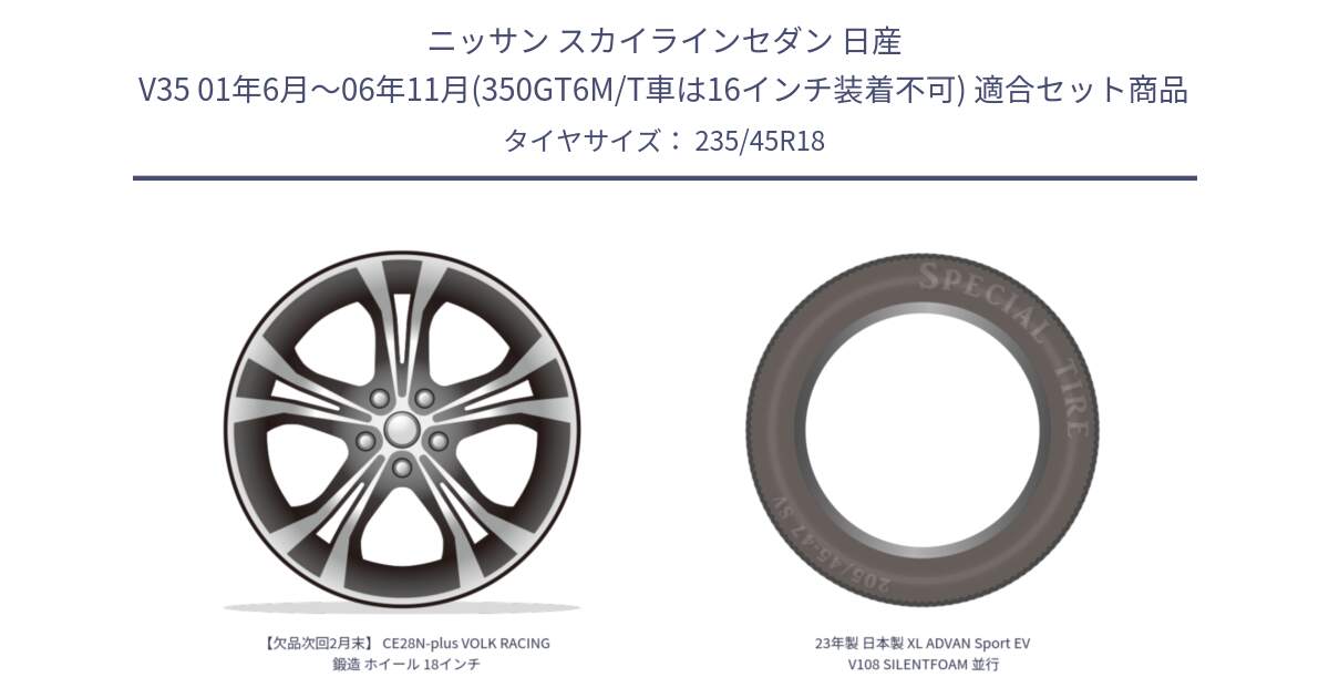 ニッサン スカイラインセダン 日産 V35 01年6月～06年11月(350GT6M/T車は16インチ装着不可) 用セット商品です。【欠品次回2月末】 CE28N-plus VOLK RACING 鍛造 ホイール 18インチ と 23年製 日本製 XL ADVAN Sport EV V108 SILENTFOAM 並行 235/45R18 の組合せ商品です。