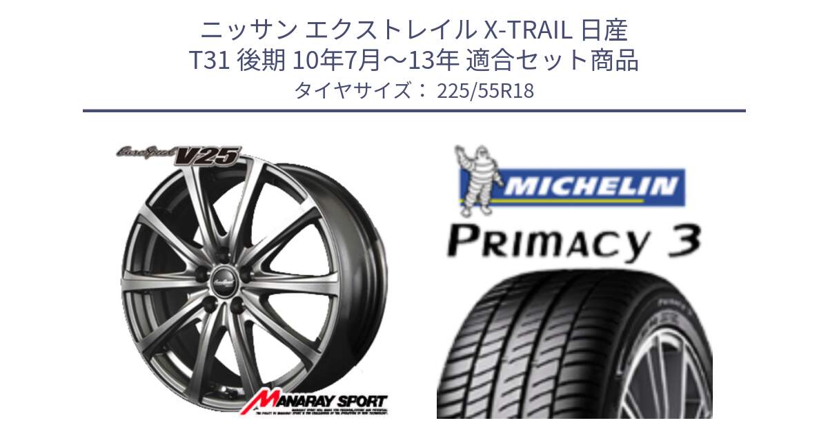 ニッサン エクストレイル X-TRAIL 日産 T31 後期 10年7月～13年 用セット商品です。MID EuroSpeed ユーロスピード V25 ホイール 18インチ と PRIMACY3 プライマシー3 98V 正規 225/55R18 の組合せ商品です。